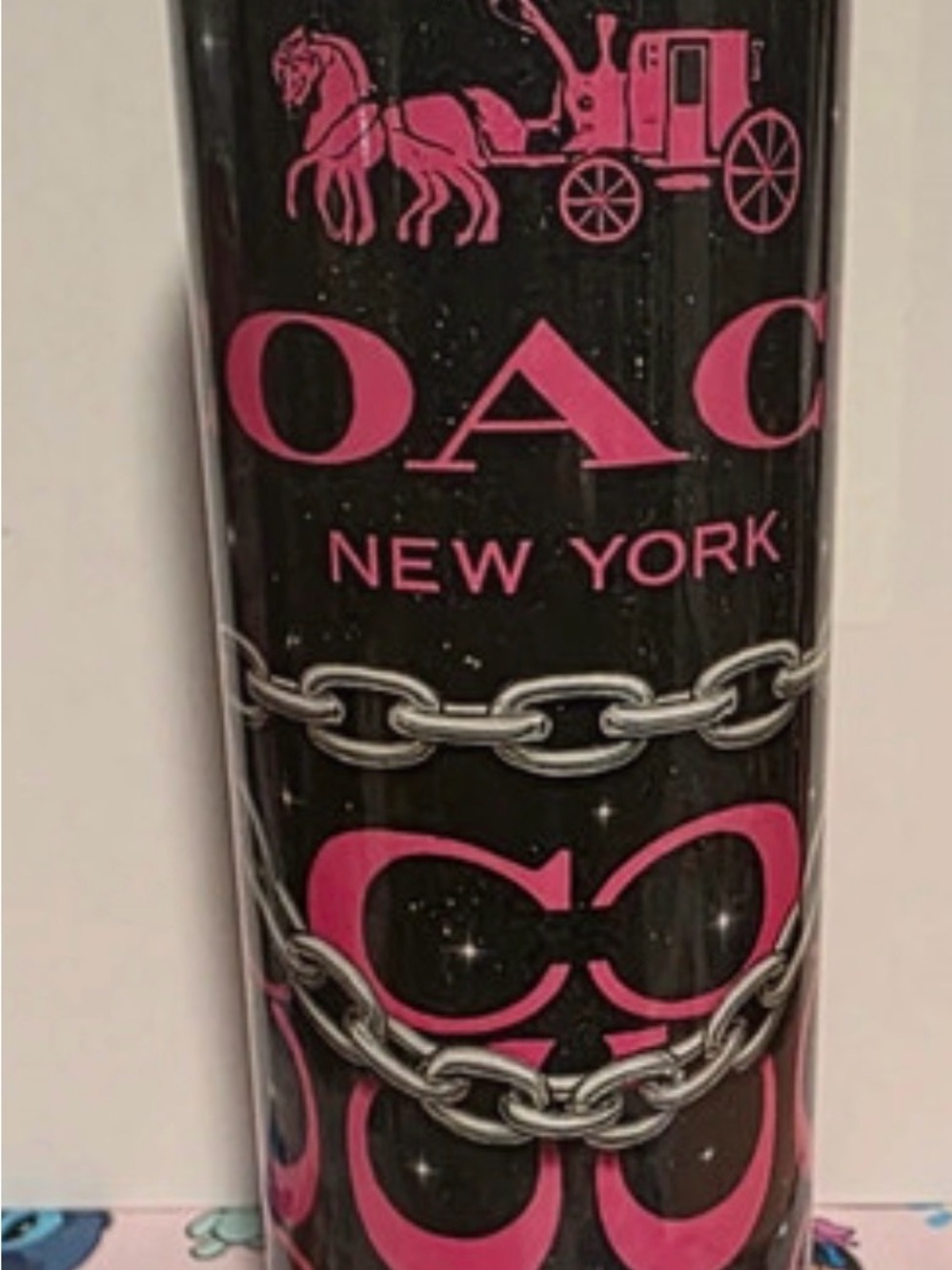 Coach Black tumber with straw Pink Logo and Silver Chain Graphics